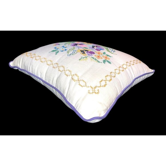 Handmade Floral Cross-Stitch Throw Pillow 14" Square Purple Piping   Linen - Picture 5 of 6